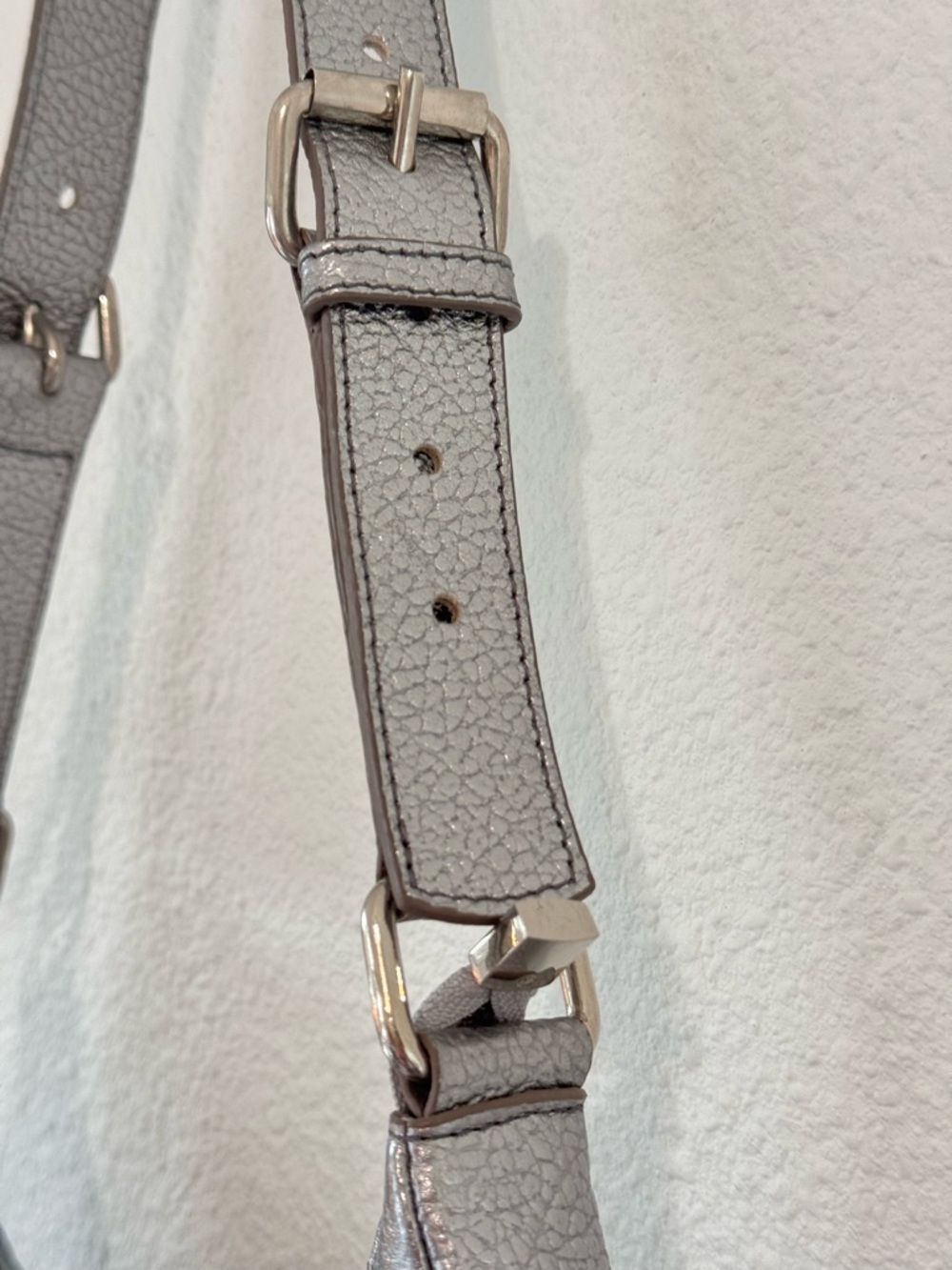 Prune x Gang Mini Bag Metallic Silver Shoulder Strap Buckles Pebbled Leather - Picture 5 of 13